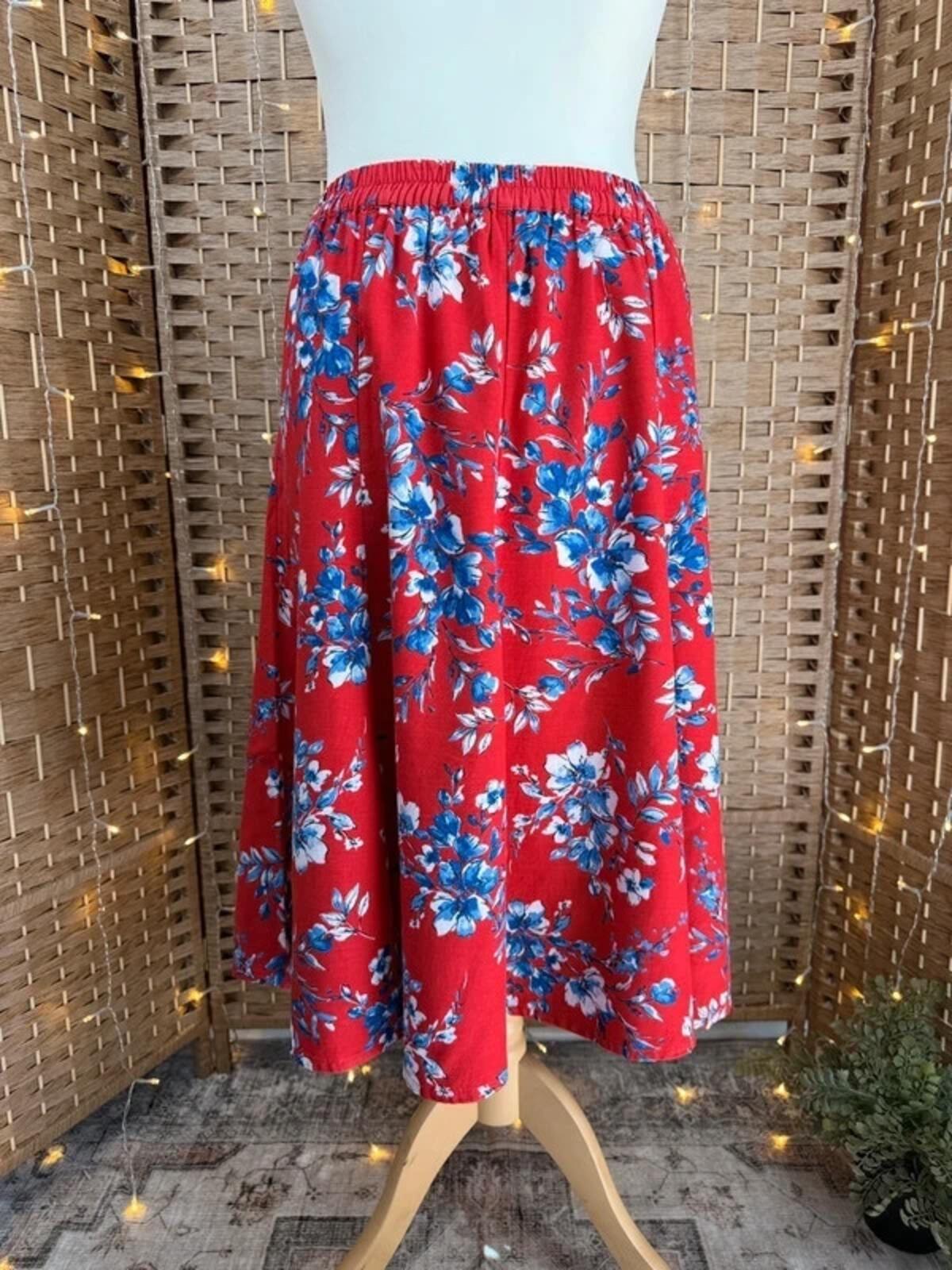 Bonmarché Red Floral Midi Skirt UK 14 Elastic Waist Summer