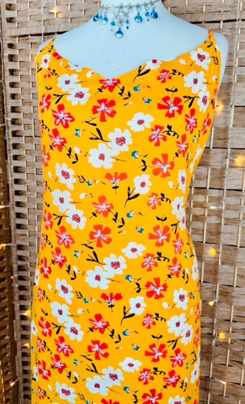 Boho Yellow Floral Frill Hem Midi Dress Size L Festival