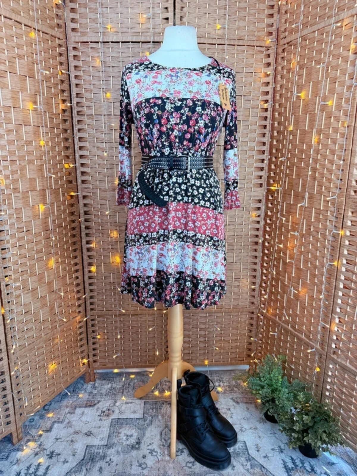 Boho Floral Patchwork Mini Dress UK 14 Cottagecore Belted