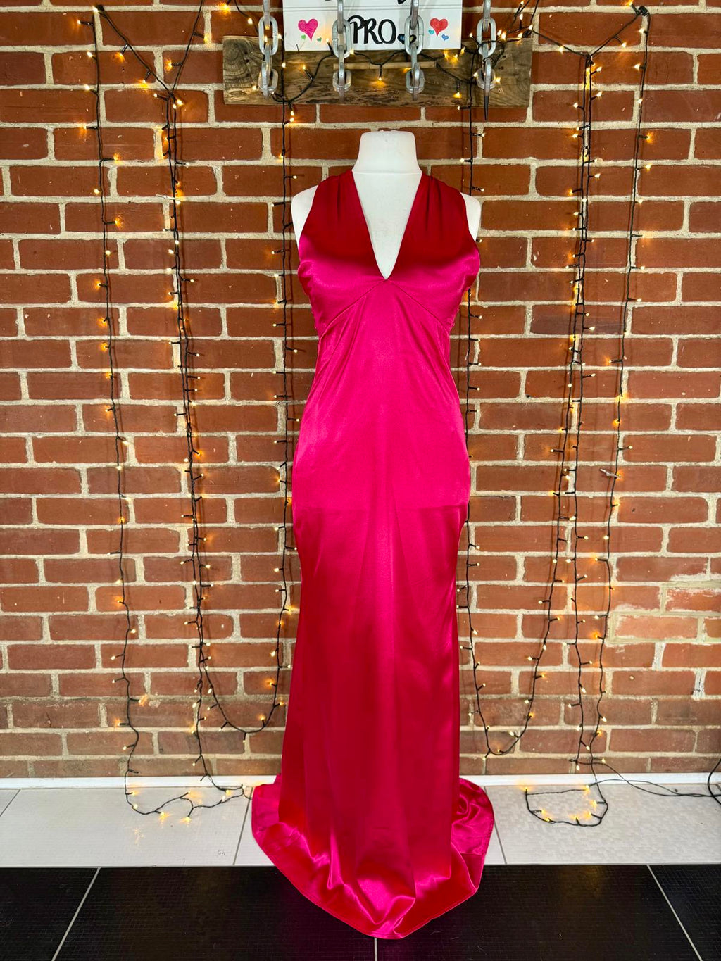 💗Vicky Pattison x Goddiva Hot Pink Satin Halter Maxi Dress UK 12 #105