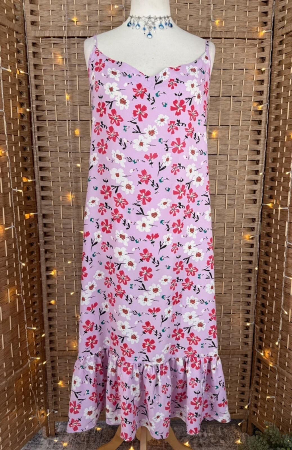 Pink Floral Summer Midi Dress UK 14 Shirred Back Holiday Beach