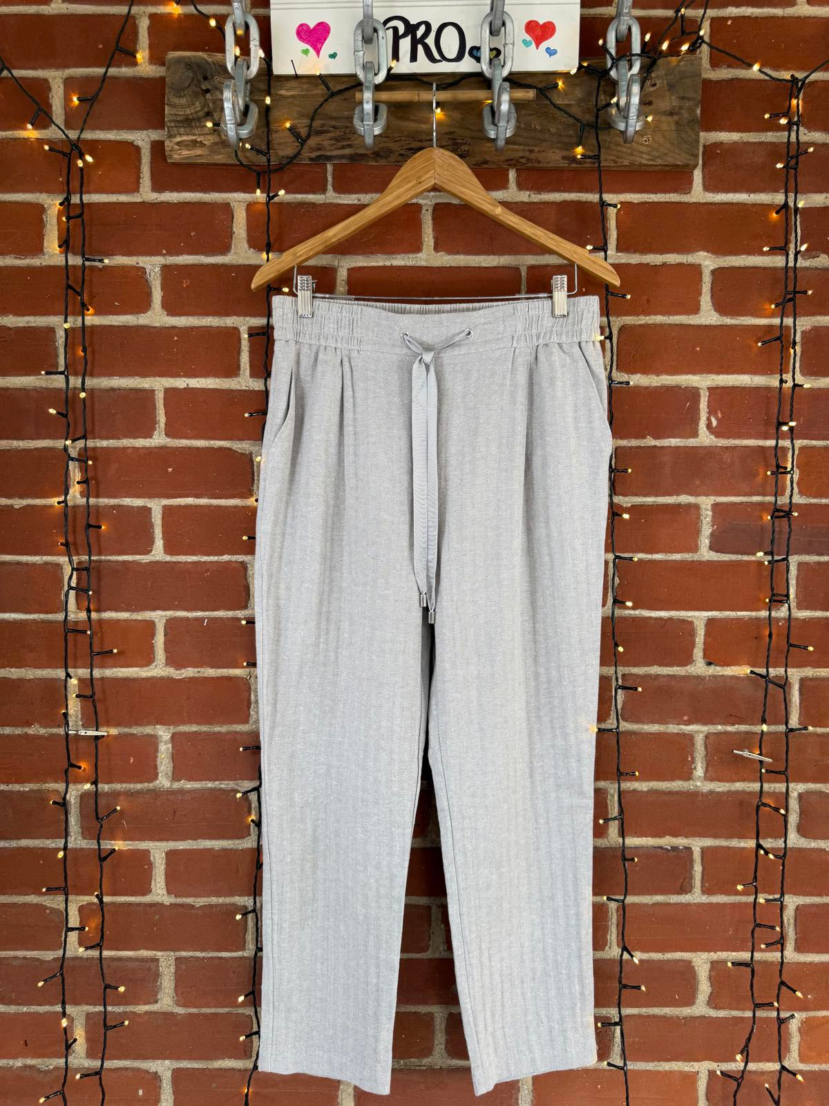 Light Gray Linen Mix Women's Casual Ribbed Pants with Drawstring Waist - Size 14