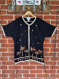 Vintage Y2K Susan Graver XL Cardigan Top Black Palm Tree UK16-18              NUM43