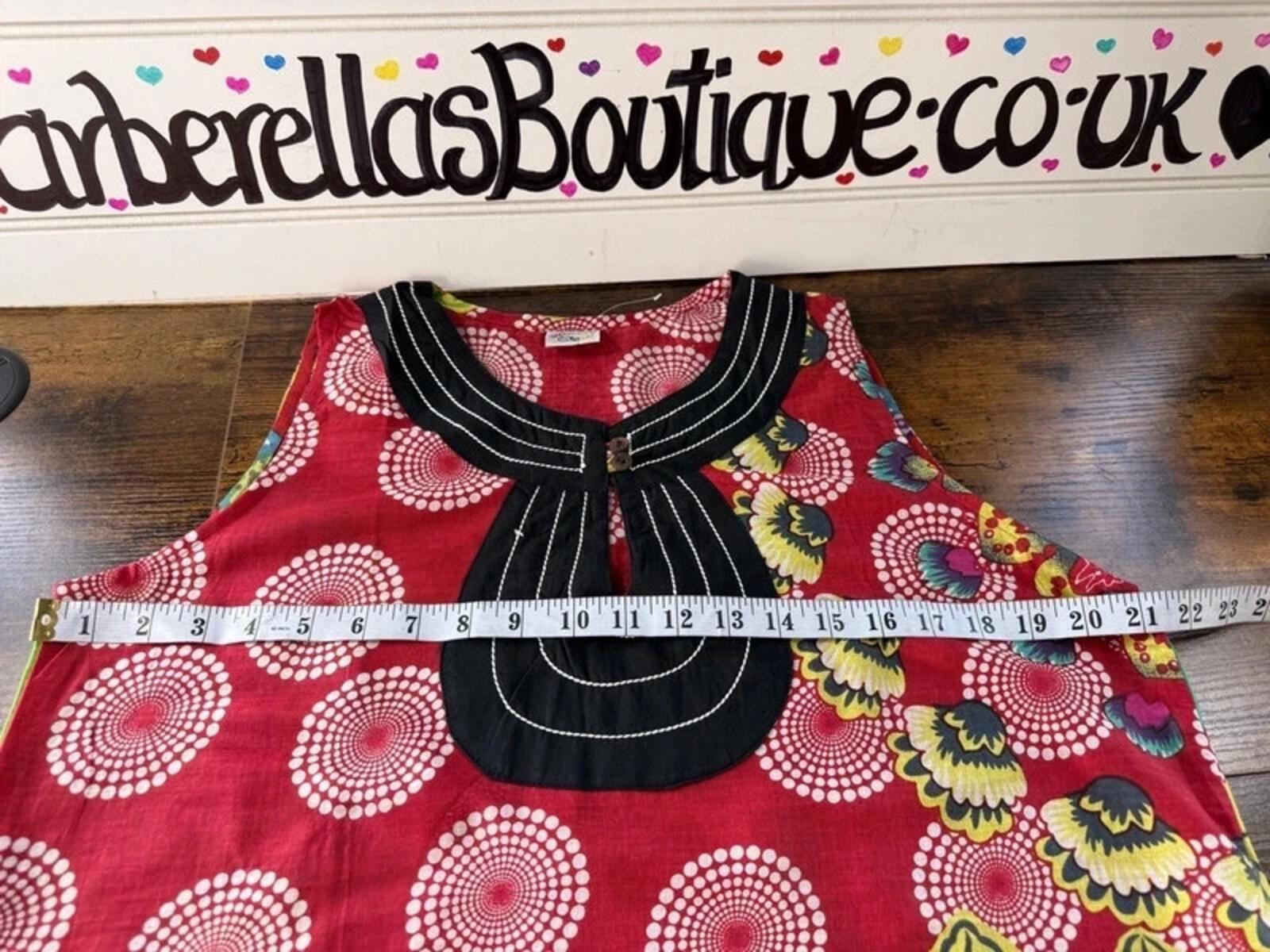 Hunny Design Cotton Dress UK 14 16 Red Boho Floral Festival Summer Tie Back