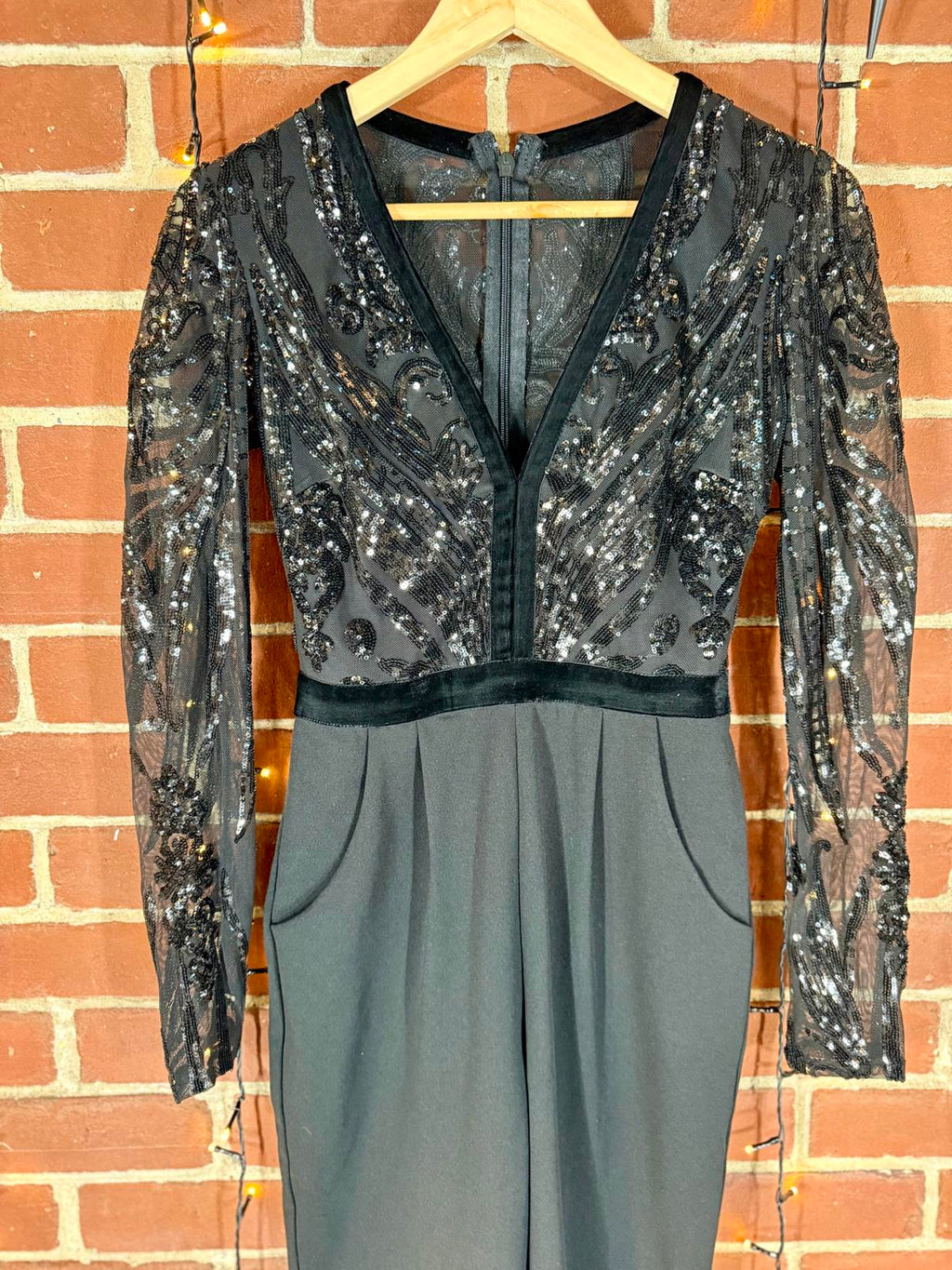 Goddiva London Black Sequin Mesh Bodice Jumpsuit – UK 8