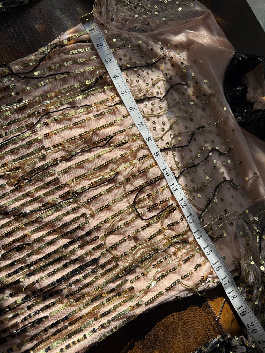 Gold & Black Vintage style Sequin Sheer Mini Dress | UK 8–10 / US 4–6        .48