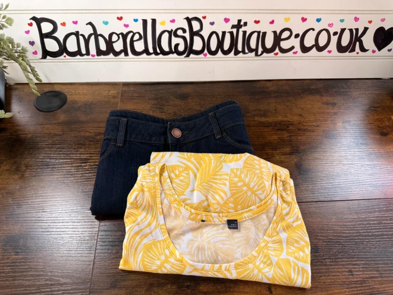 Denim Mini Skirt UK 14 + Yellow Tropical Top UK 12–14 Summer Set