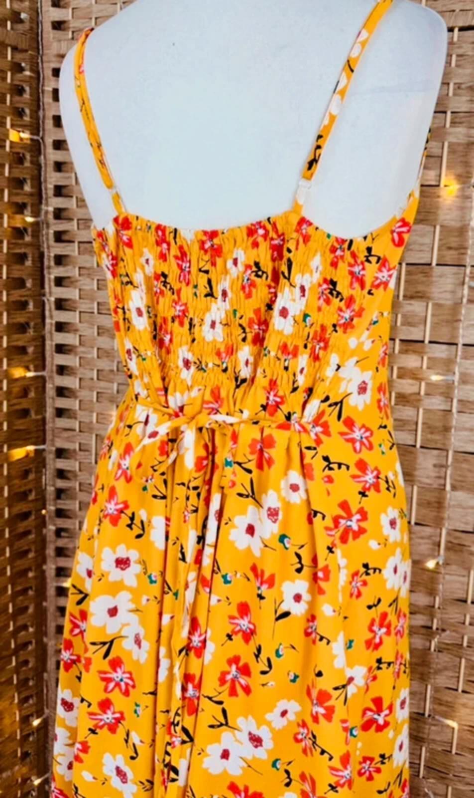 Boho Yellow Floral Frill Hem Midi Dress Size L Festival