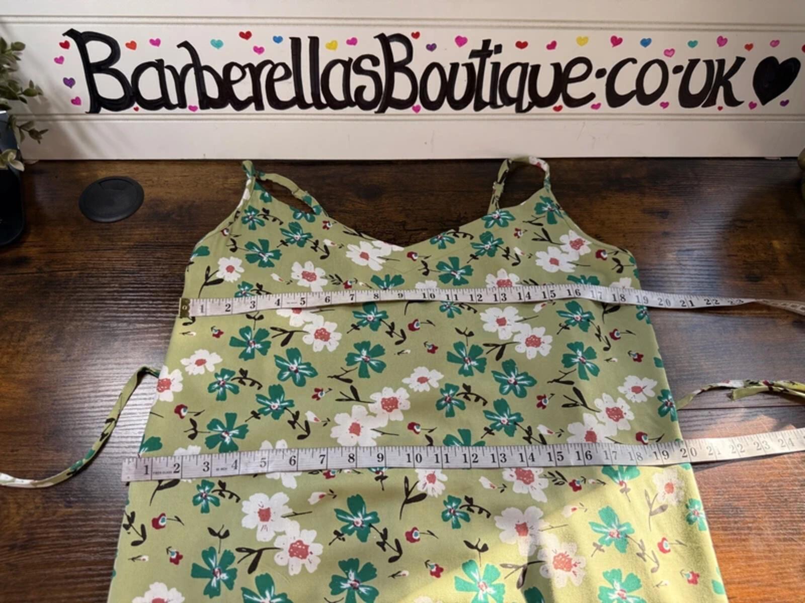 Green Floral Summer Midi Dress UK 14 Shirred Back Holiday Beach