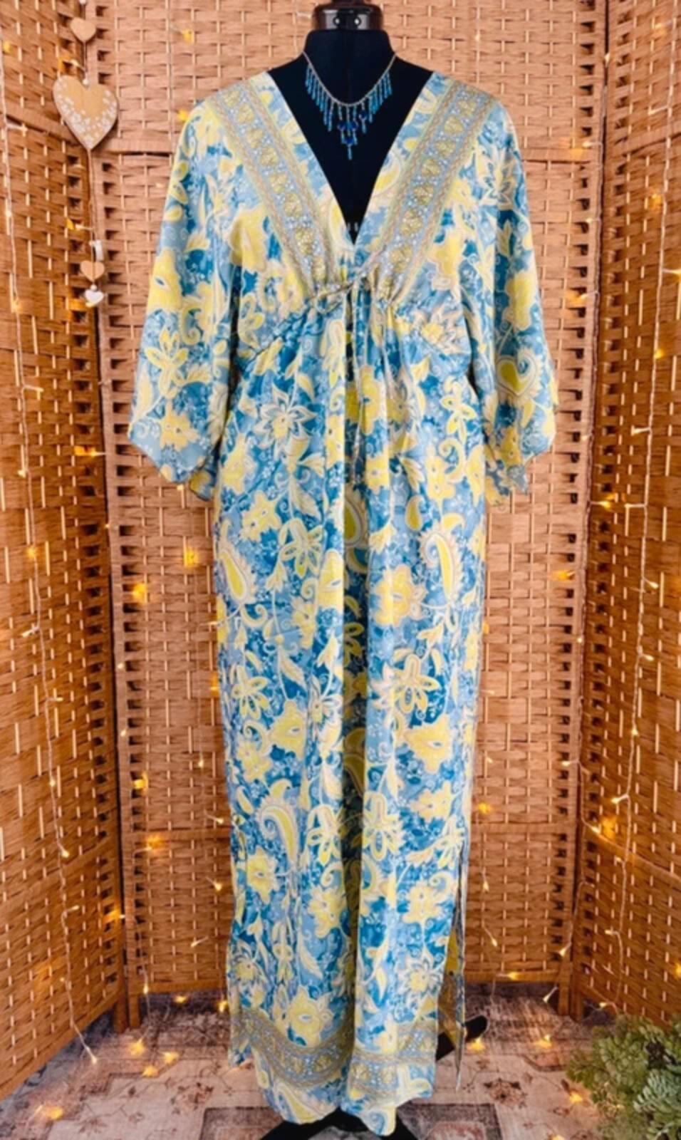 All Things Asia 100% Adjustable Silk Boho Kaftan Maxi Dress UK 14-18