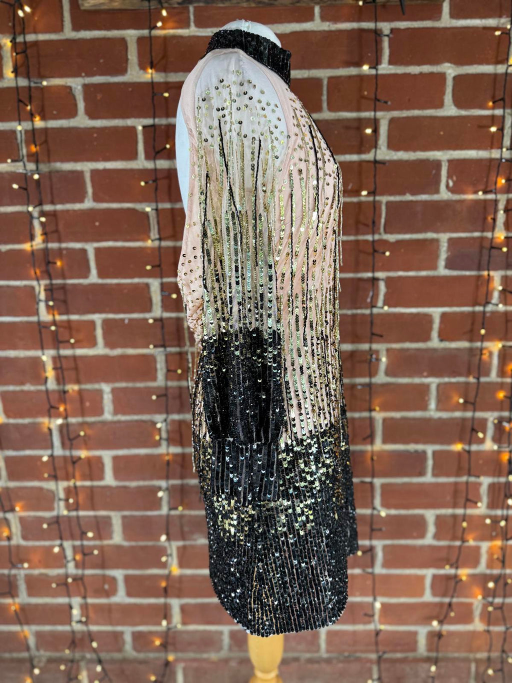 Gold & Black Vintage style Sequin Sheer Mini Dress | UK 8–10 / US 4–6        .48