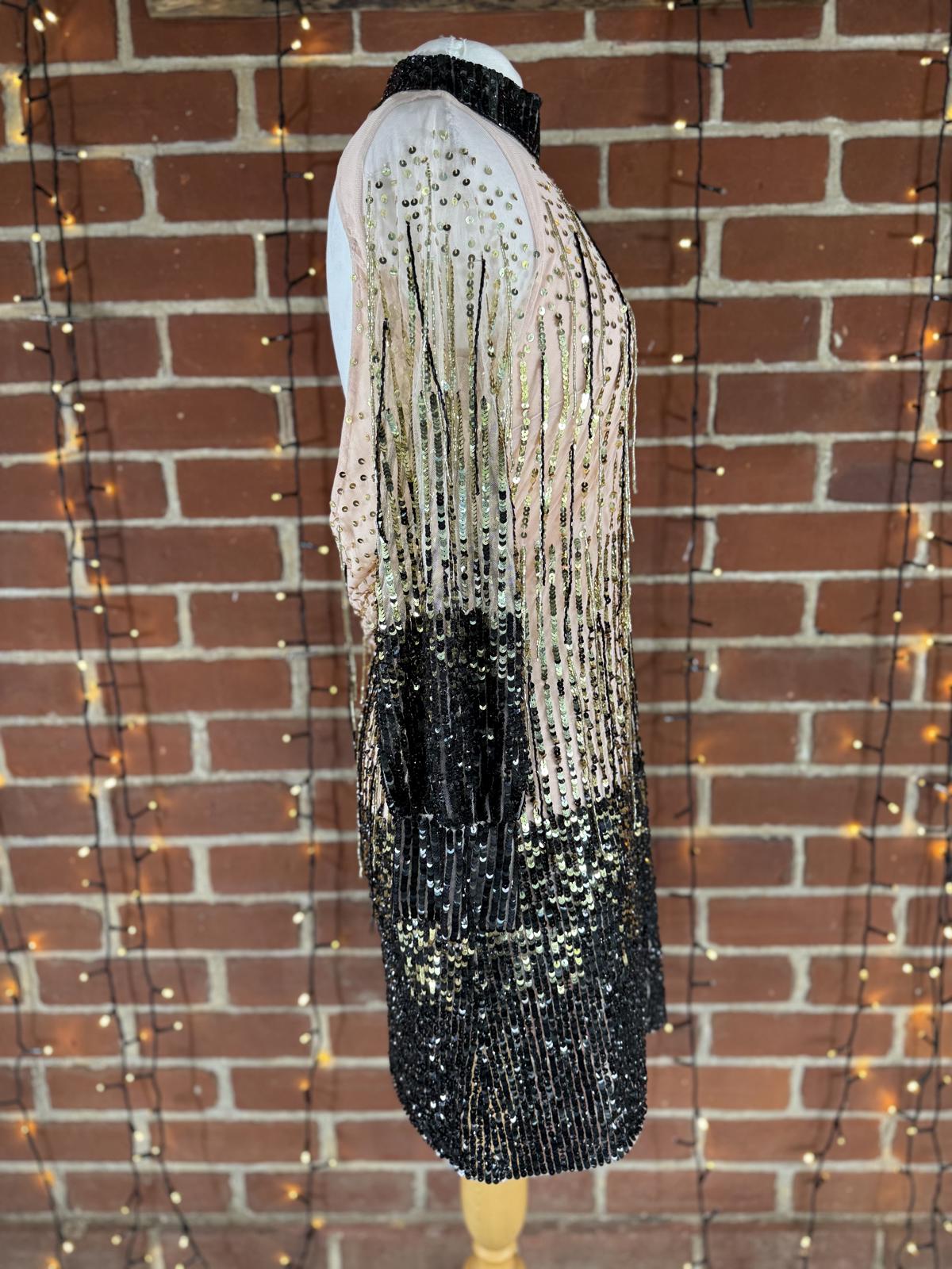 Women’s Sequin Mini Dress Gold Black Ombre Open Back UK 8–10  #48