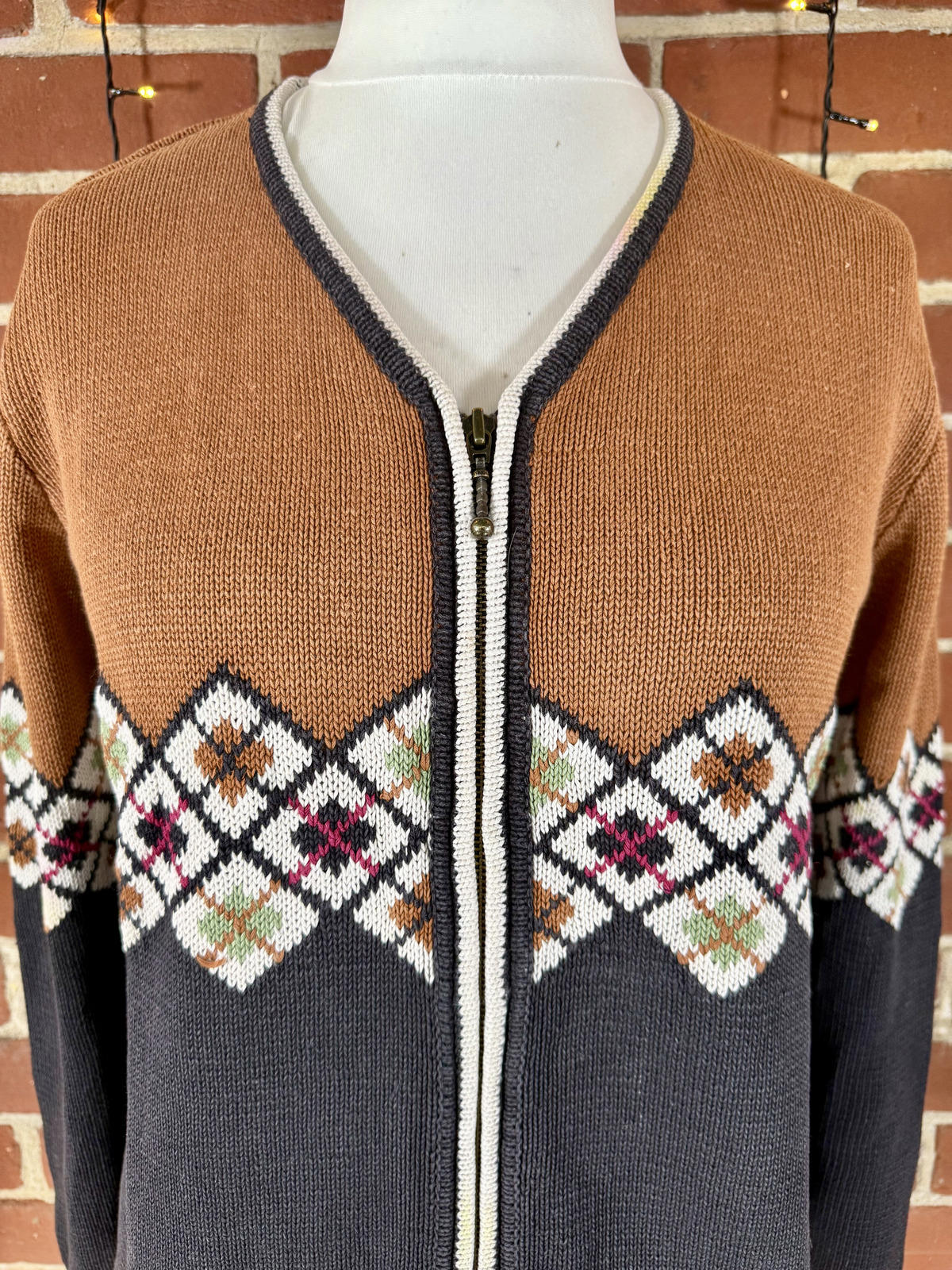 Vintage Hasting and Smith Fair Isle Zip Cardigan Brown & Charcoal M CIRCA 80s/90s