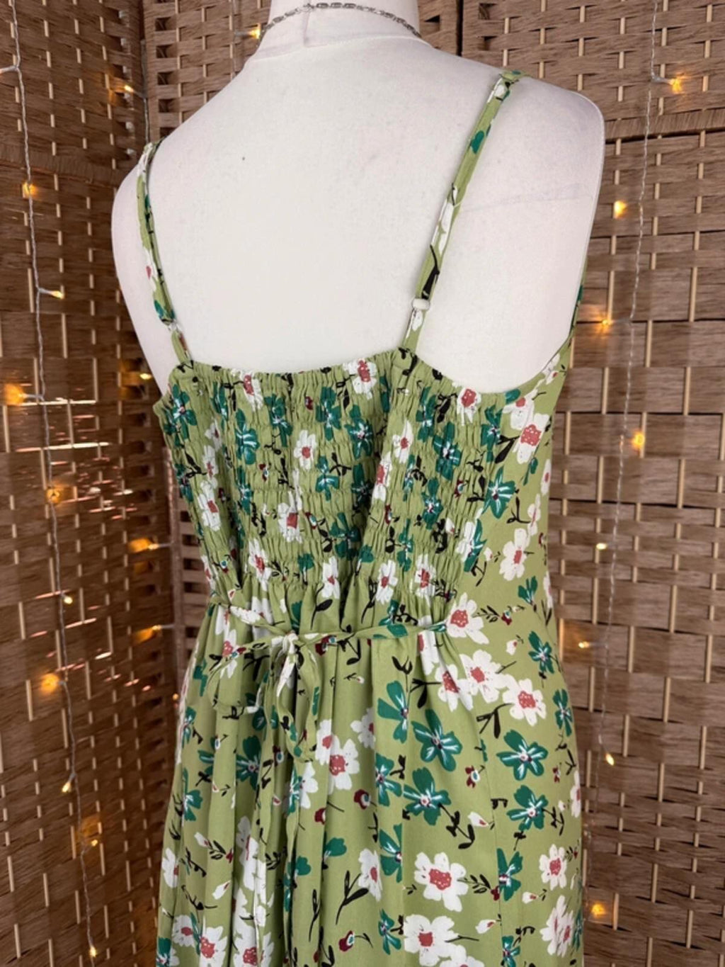 Green Floral Summer Midi Dress UK 14 Shirred Back Holiday Beach