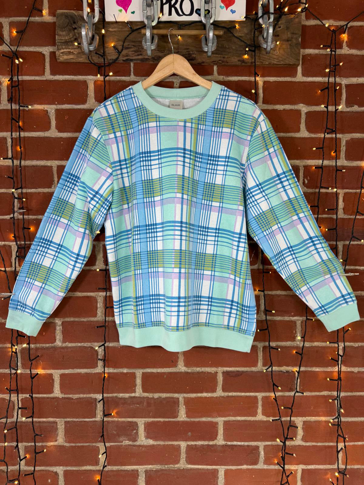 BLAIR Vibrant Plaid Crewneck Sweater - Mint Green and Pastel Tones NUM 45