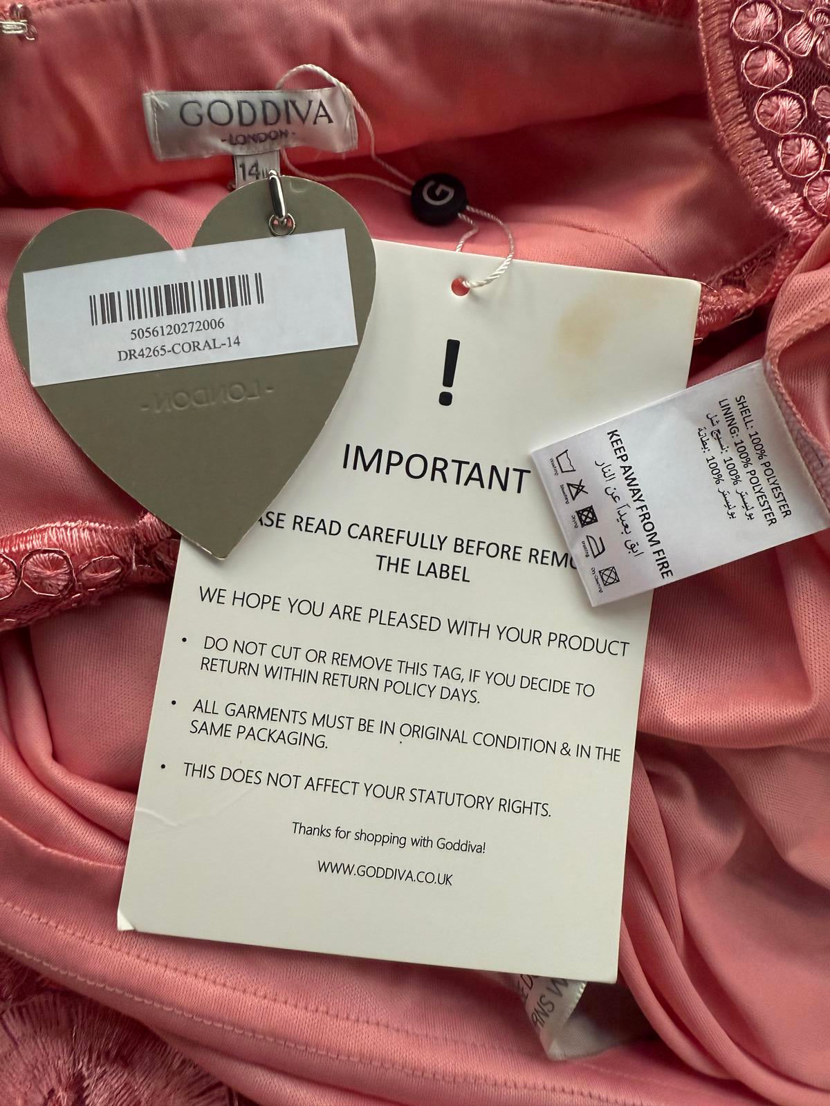 🌺 Goddiva London Coral Floral Lace Hi-Low Maxi Dress (DR4265, UK 14) #184