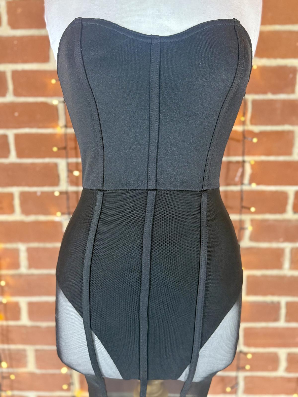 PLT Black Strapless Mesh Corset Dress Bodycon Midi UK 8 #143