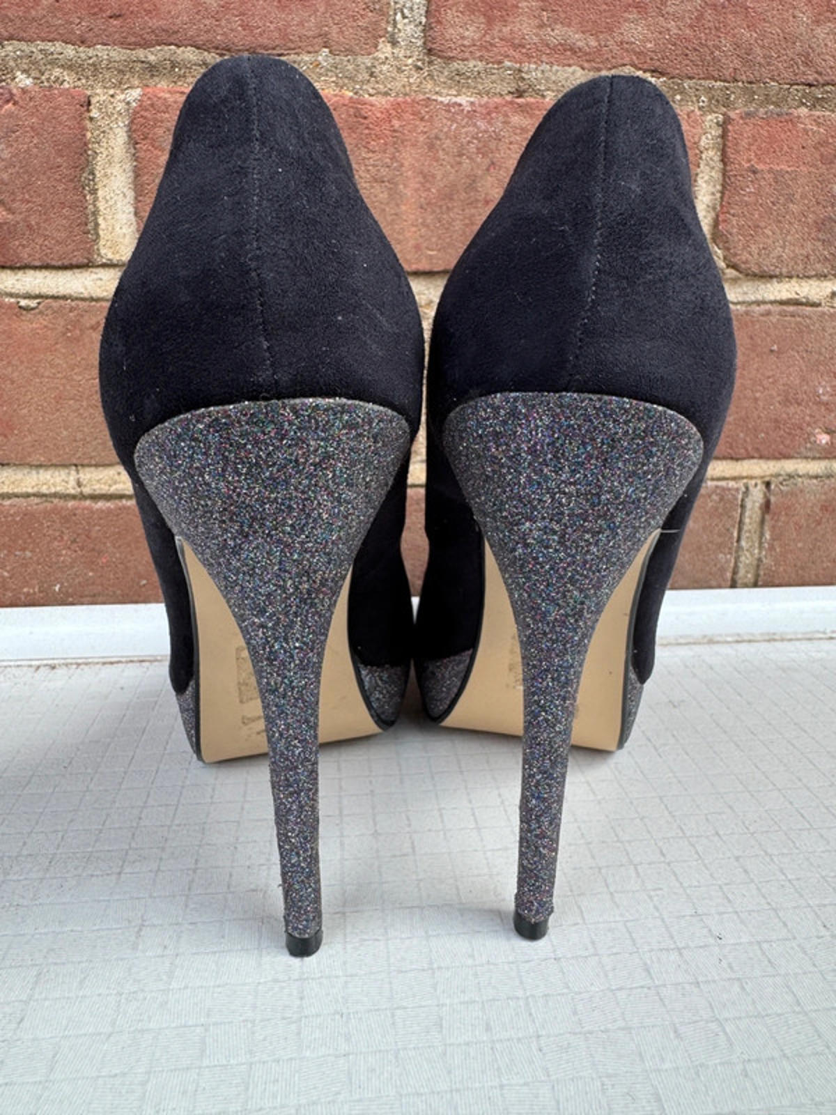 Roland Cartier Black Suede Glitter Platform Peep Toe Heels UK 6