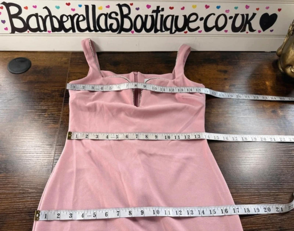 Quiz Dusky Pink Maxi Dress UK 10 Pearl Trim V Neck Occasion Gown