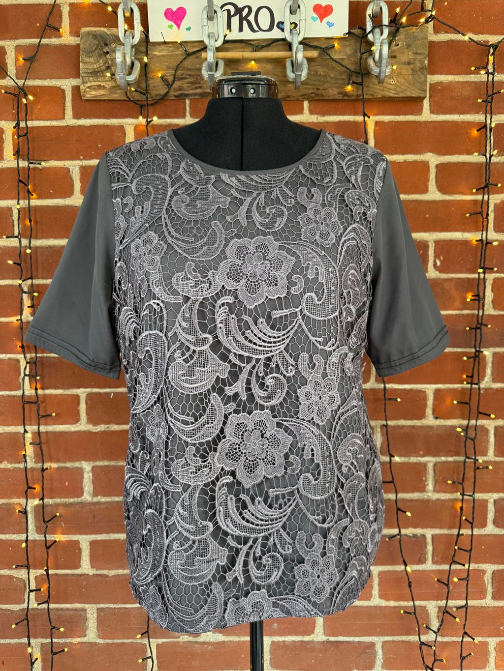 Gray Short Sleeve Women's Top with Floral Lace Front - Size 18