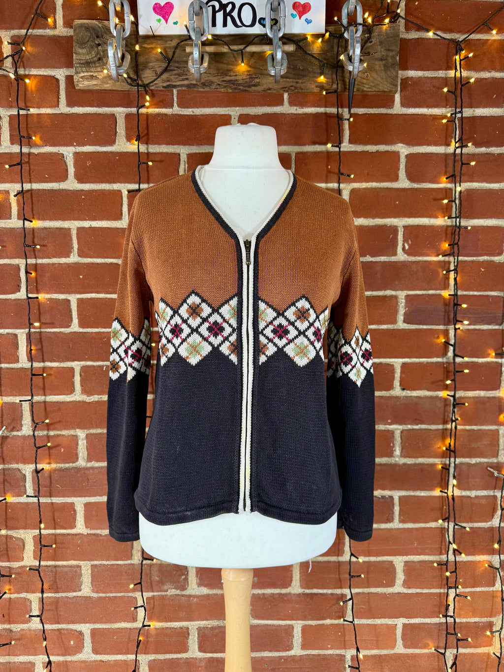 Vintage Hasting and Smith Fair Isle Zip Cardigan Brown & Charcoal M CIRCA 80s/90s