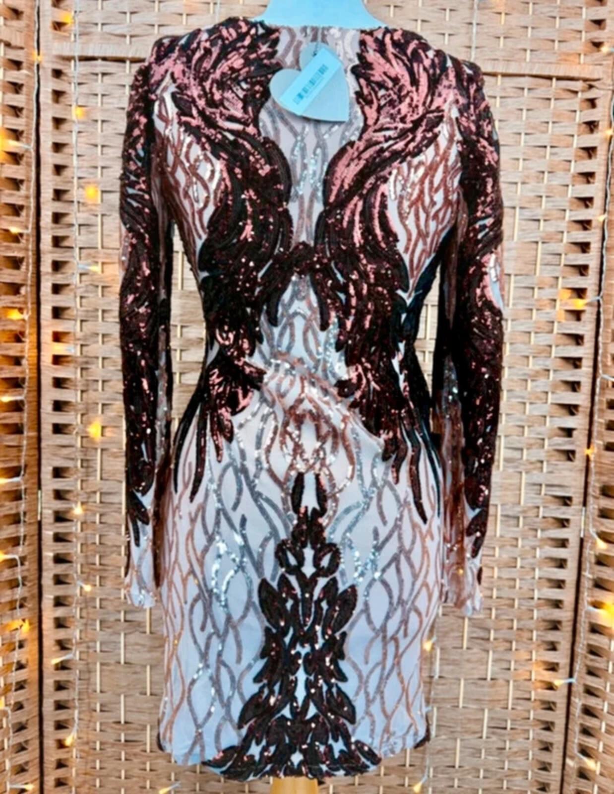 Goddiva Sequin Mini Dress UK 8 Champagne Rose Gold Party Glam