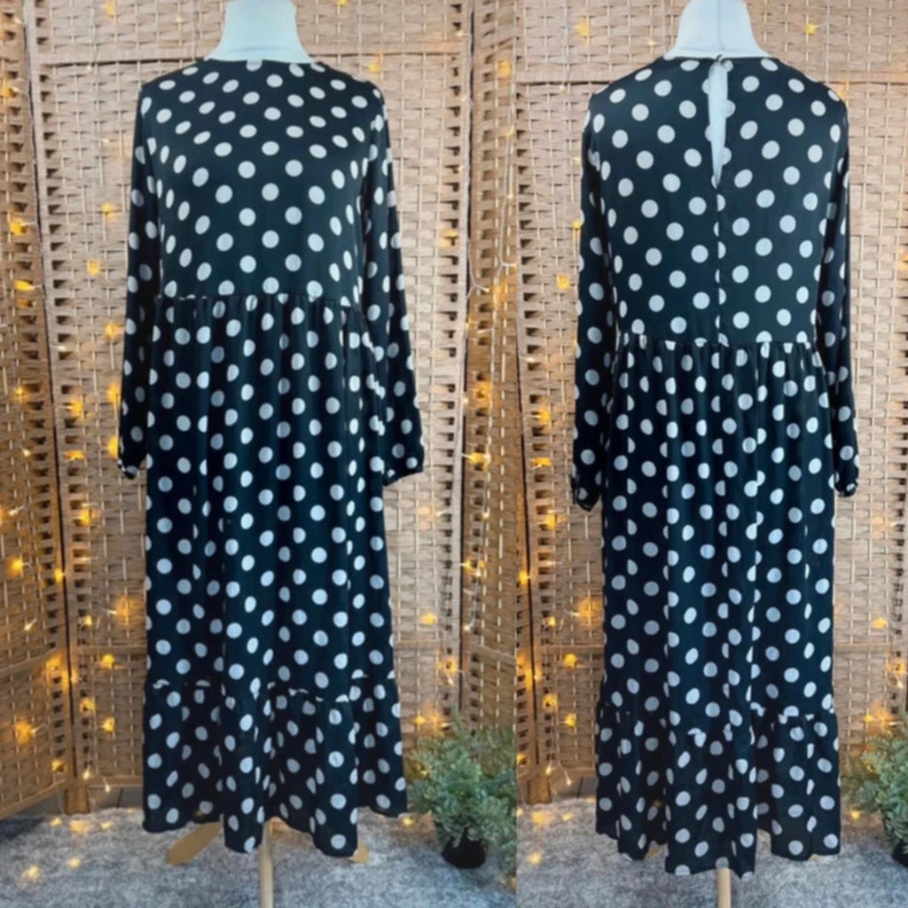 Black White Polka Dot Midi Dress UK14 US10 Long Sleeve Tiered