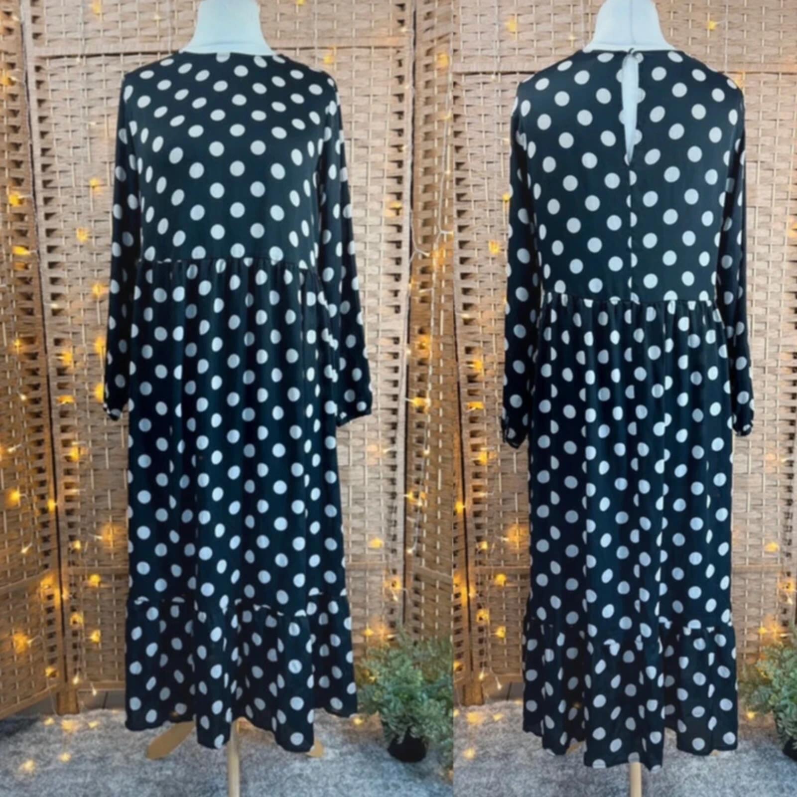 Black White Polka Dot Midi Dress UK14 US10 Long Sleeve Tiered