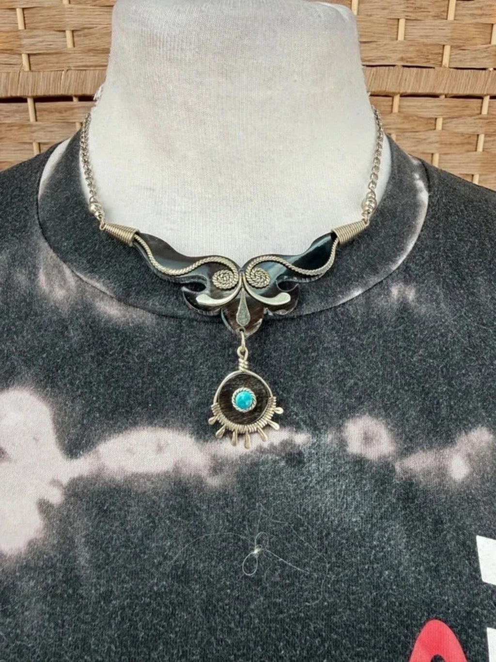 Boho Statement Necklace Silver Tone Turquoise Pendant Festival