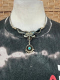 Boho Statement Necklace Silver Tone Turquoise Pendant Festival
