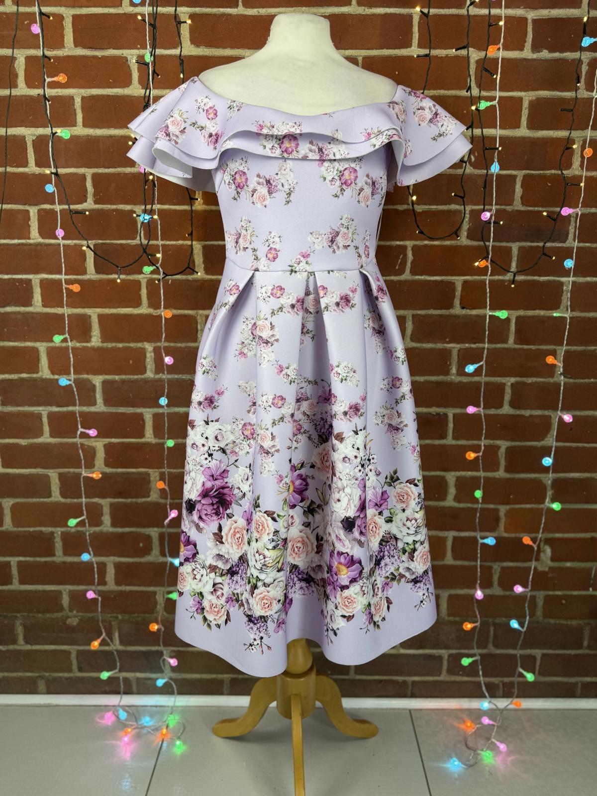 Goddiva Lilac Floral Off-Shoulder Scuba Crepe Midi Dress UK 10 / US 6       .314