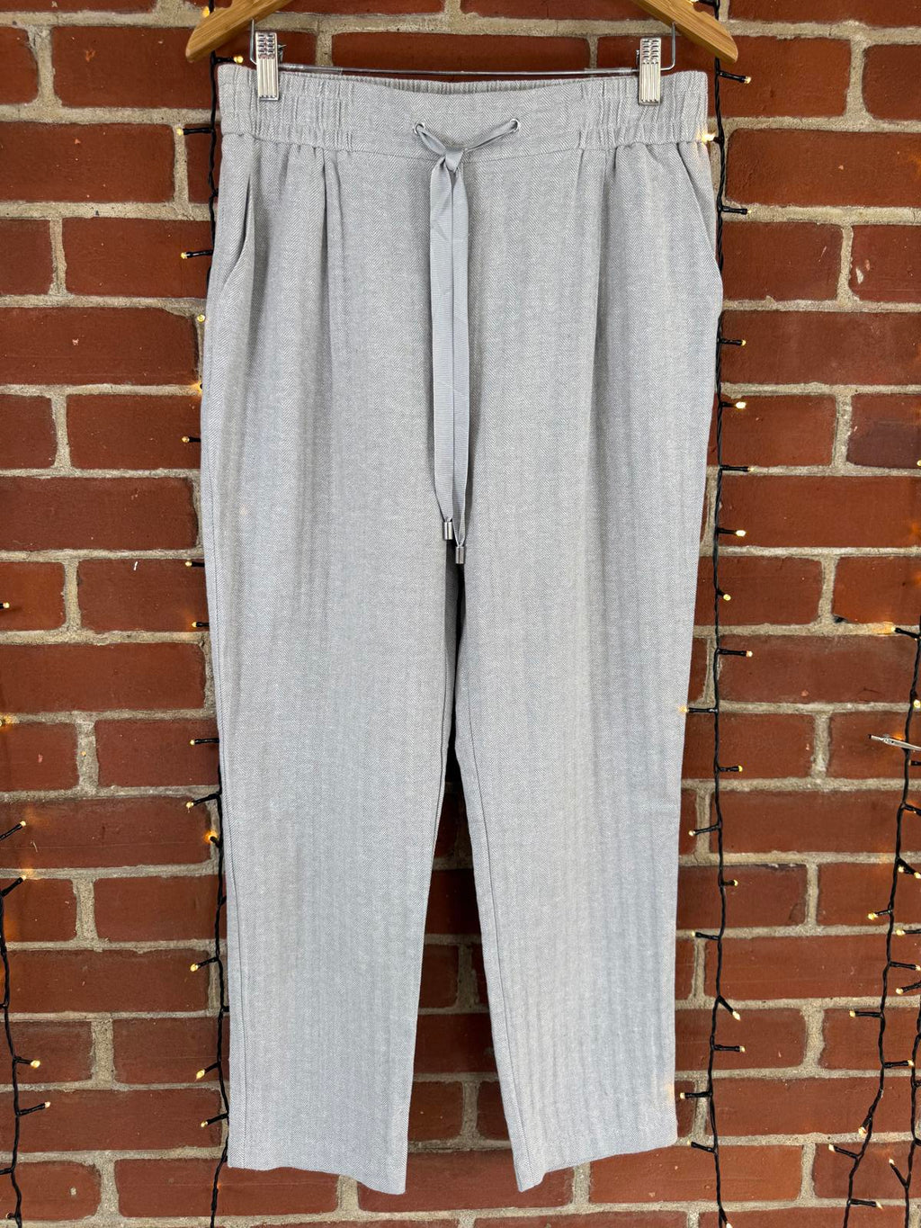 Light Gray Linen Mix Women's Casual Ribbed Pants with Drawstring Waist - Size 14