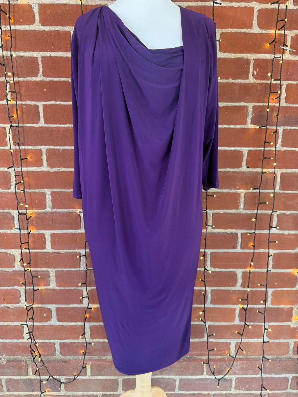 Barberellas Boutique Purple Draped Stretch Dress Cowl Neck 3/4 Sleeves, UK 12-14