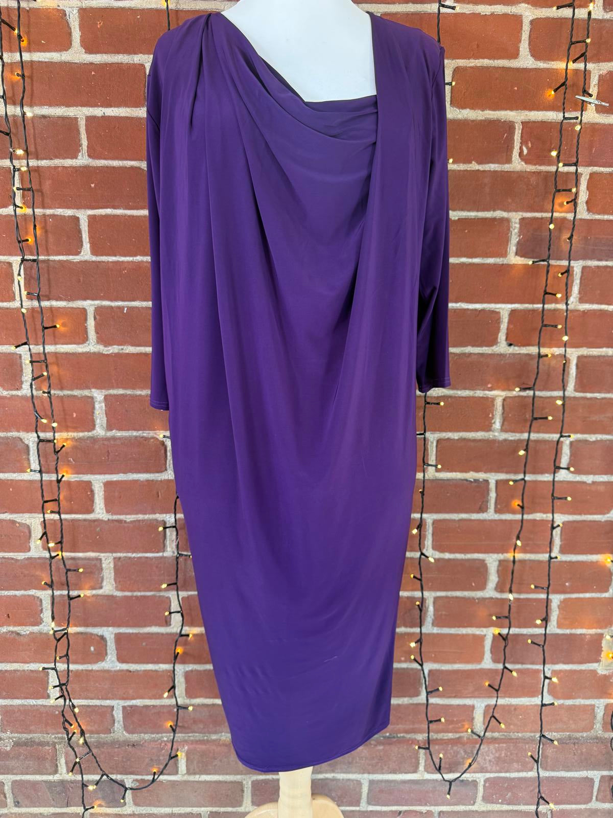 Barberellas Boutique Purple Draped Stretch Dress Cowl Neck 3/4 Sleeves, UK 12-14