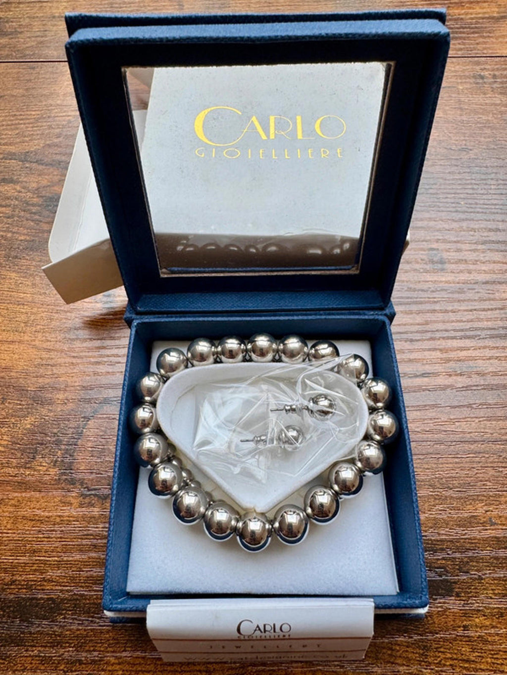 Carlo Gioielliere Silver Beaded Bracelet & Stud Earrings Gift Set in Box