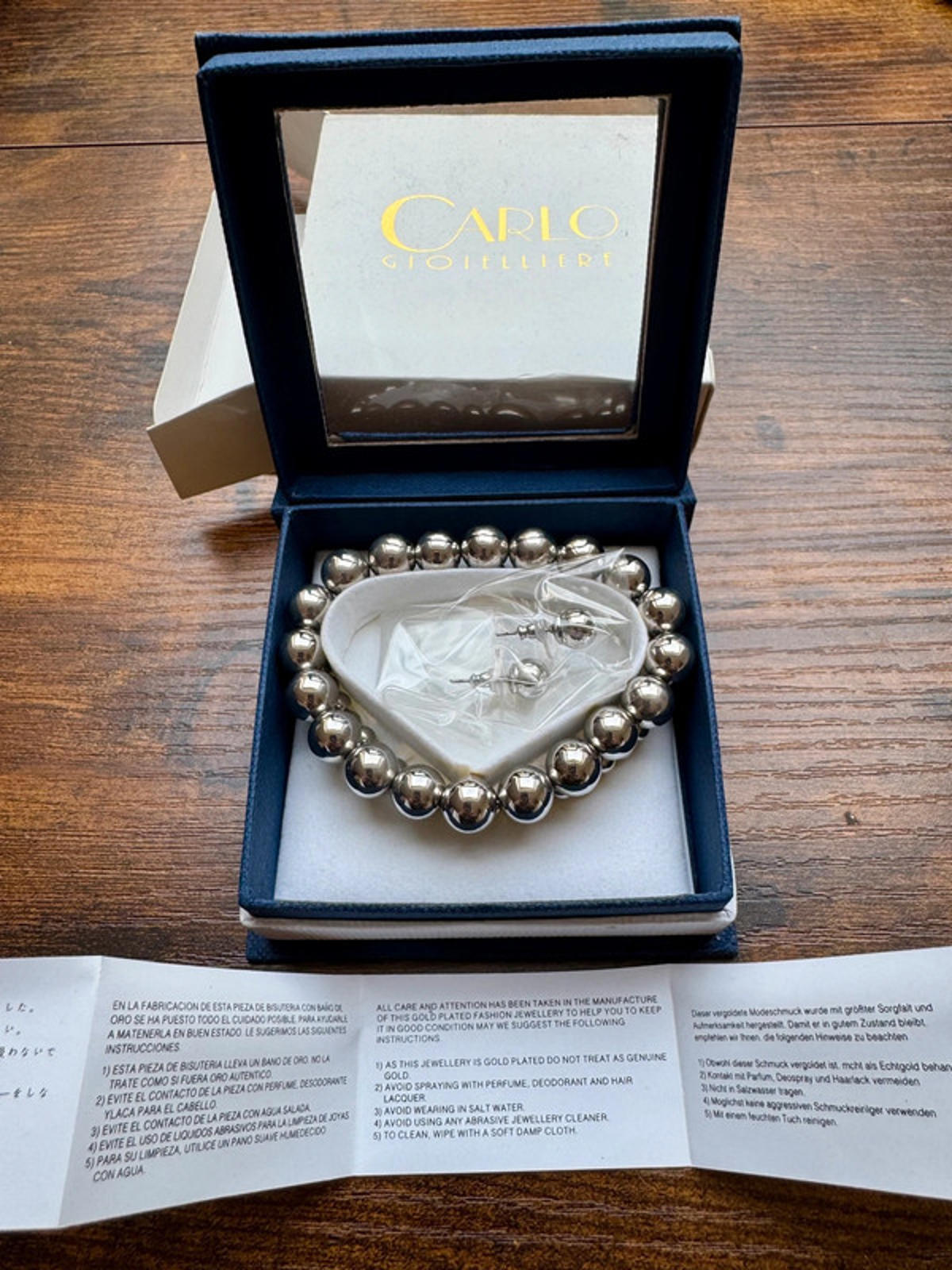 Carlo Gioielliere Silver Beaded Bracelet & Stud Earrings Gift Set in Box