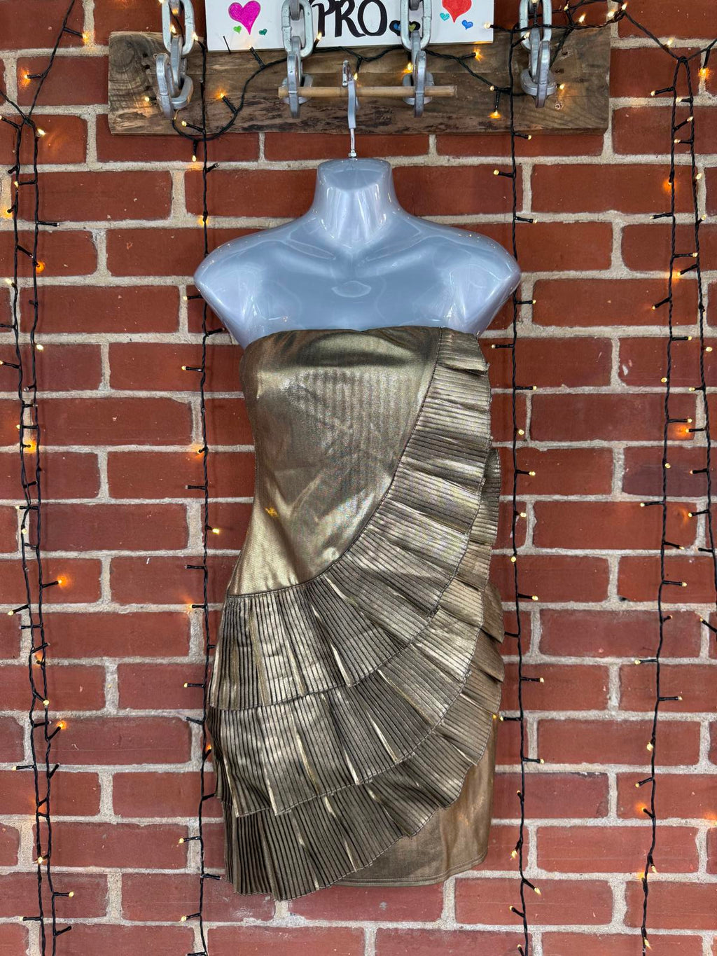 Gold Metallic Strapless Pleated Mini Dress UK Size 8–10