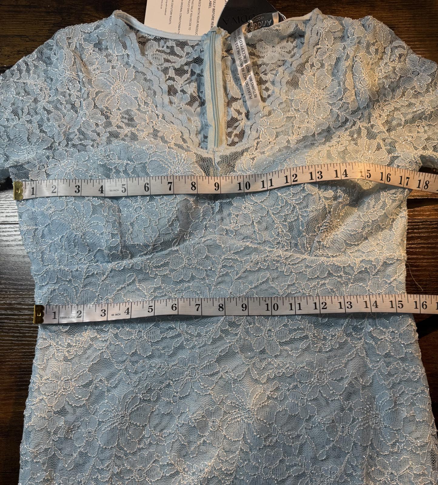 Goddiva Sky Blue Lace Maxi Dress UK 16 / US 12 – Flare Sleeves & V-Neck     .263