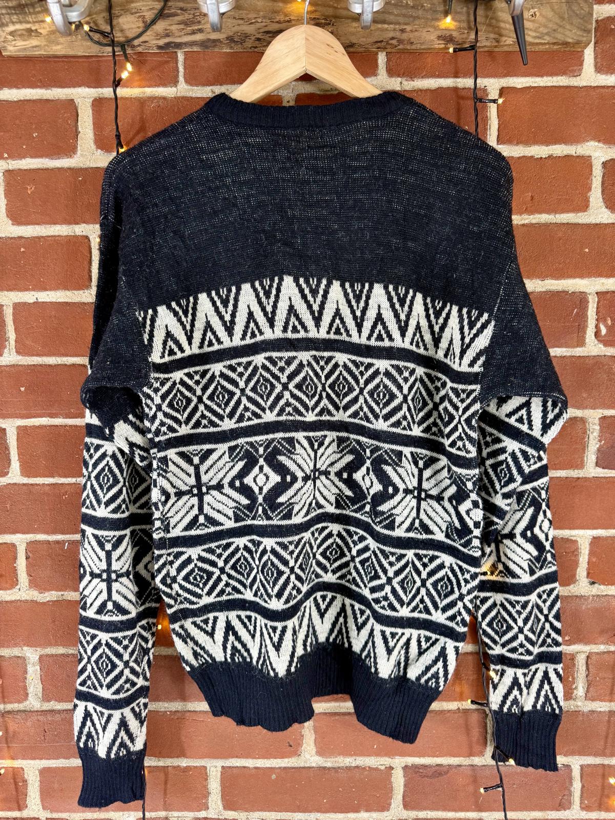Vintage 1980s Black & Cream Fair Isle Geometric Knit Jumper – 10-12 (38–40”) #54
