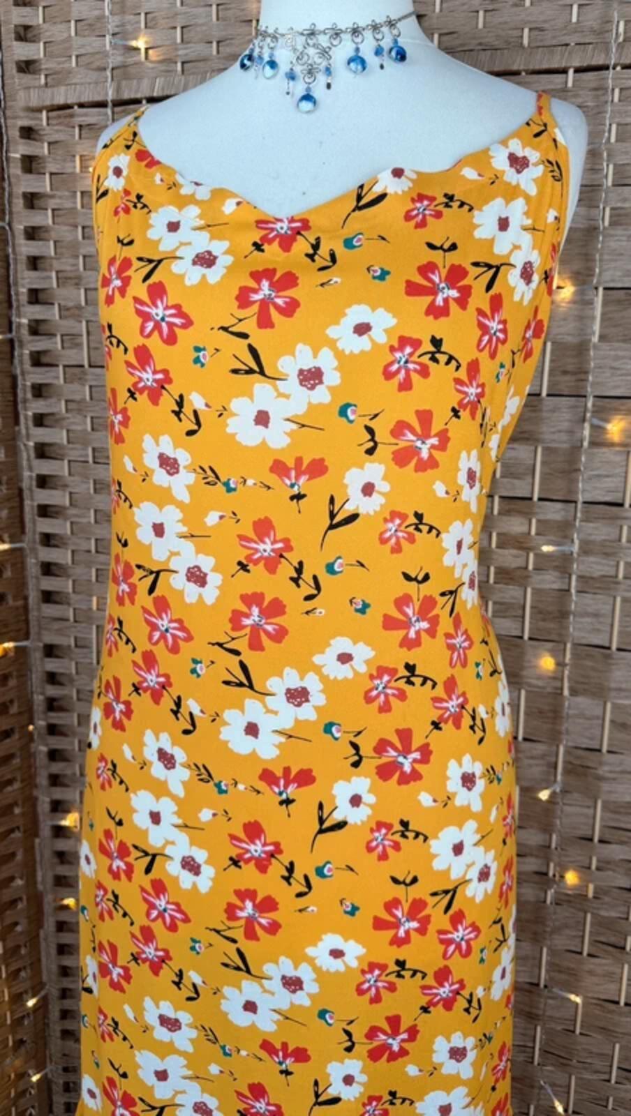 Yellow Floral Summer Midi Dress UK 14 Shirred Back Holiday Beach