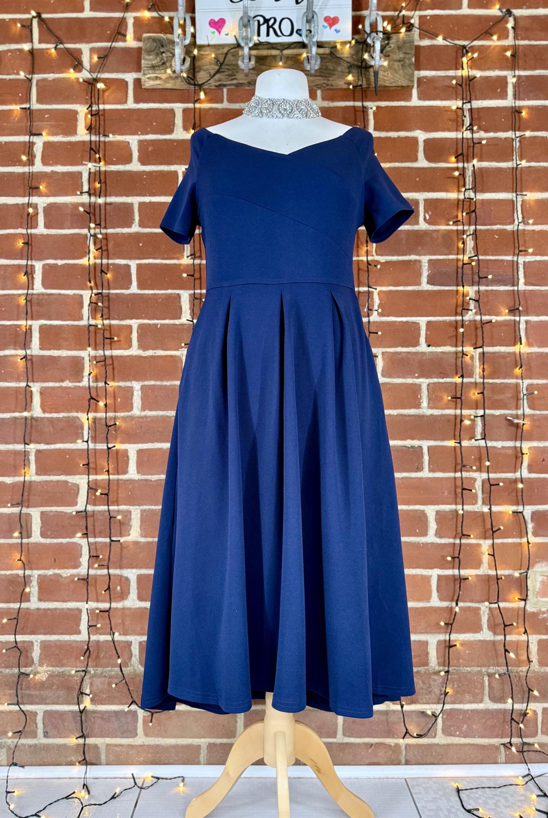 Jolie Moi Navy Fit & Flare Midi Dress with Pockets – UK 12/14 #115