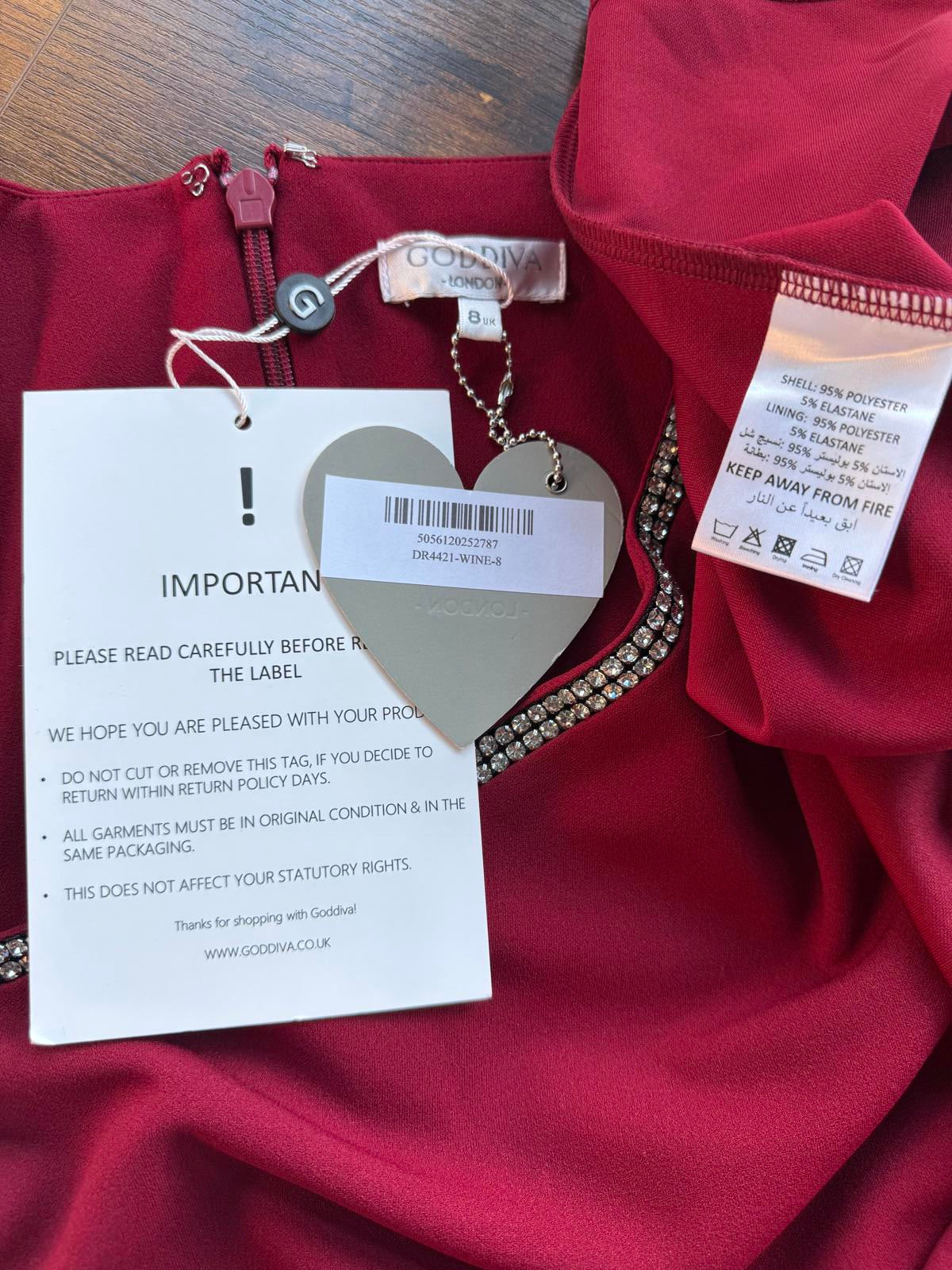 Goddiva London DR4421 Wine Red Embellished Midi Dress UK 8 – Ruched Wrap Style