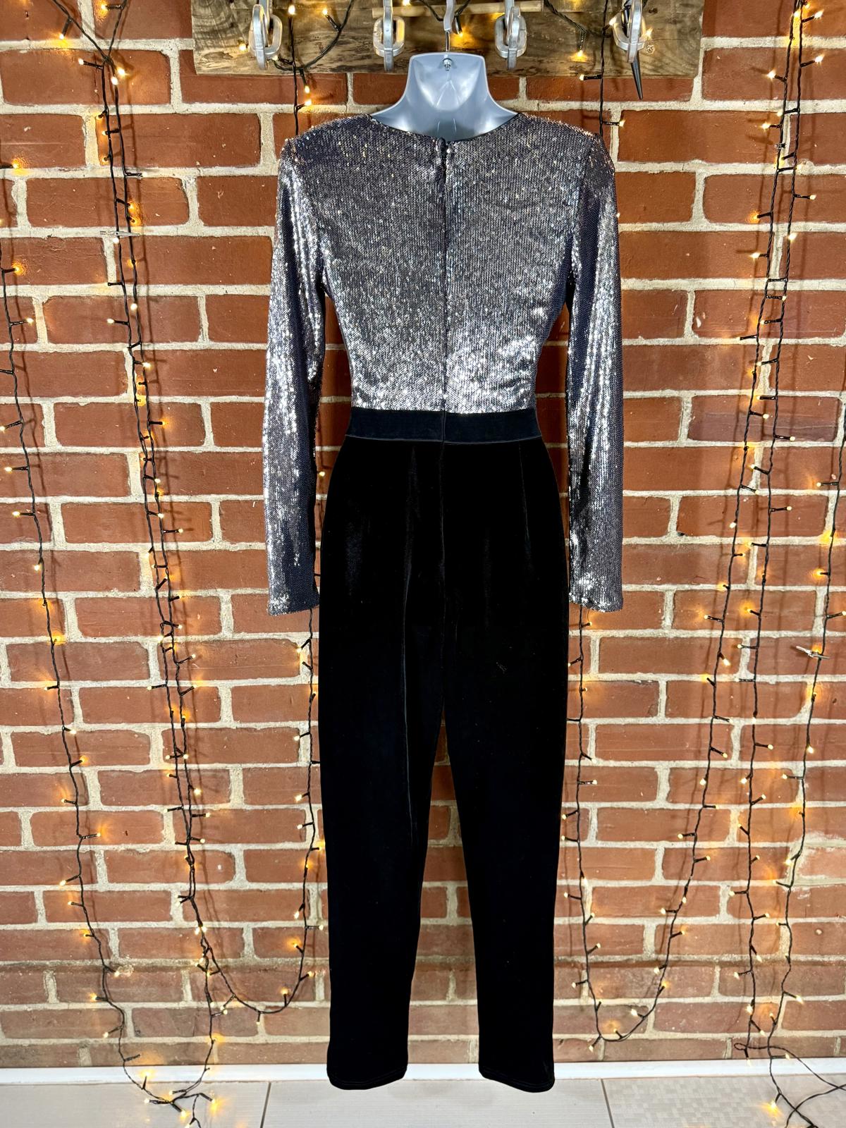 Goddiva Sequin Velvet Tuxedo Jumpsuit UK 8 Silver Black Party Outfit VGC #152
