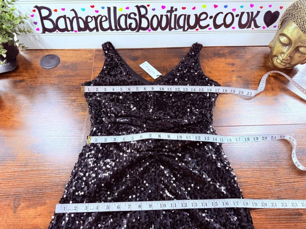 Wallis Black Sequin Midi Dress UK10 US6 Ruched Evening Party