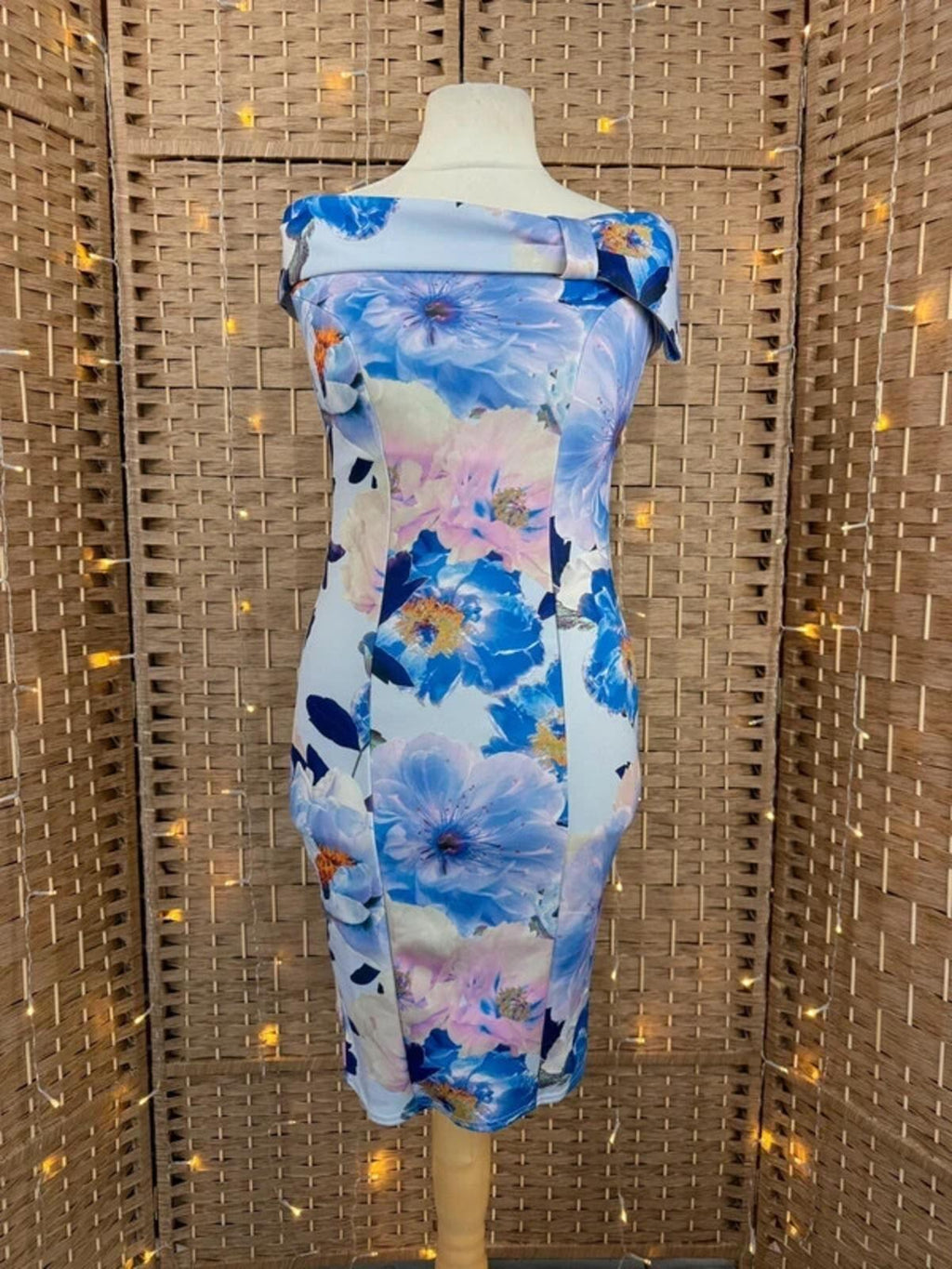 Scuba Crepe Floral Bardot Midi Dress UK 12 Bodycon Occasion