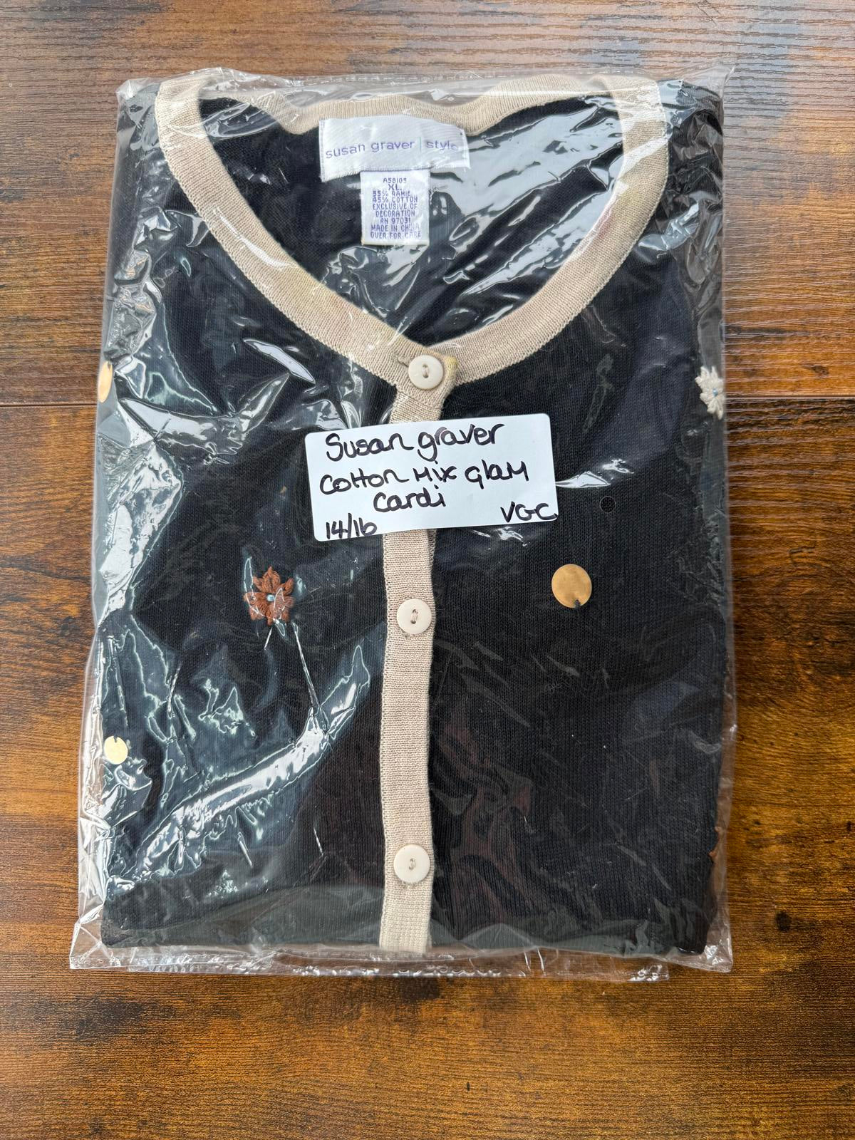 Vintage Y2K Susan Graver XL Cardigan Top Black Palm Tree UK16-18              NUM43