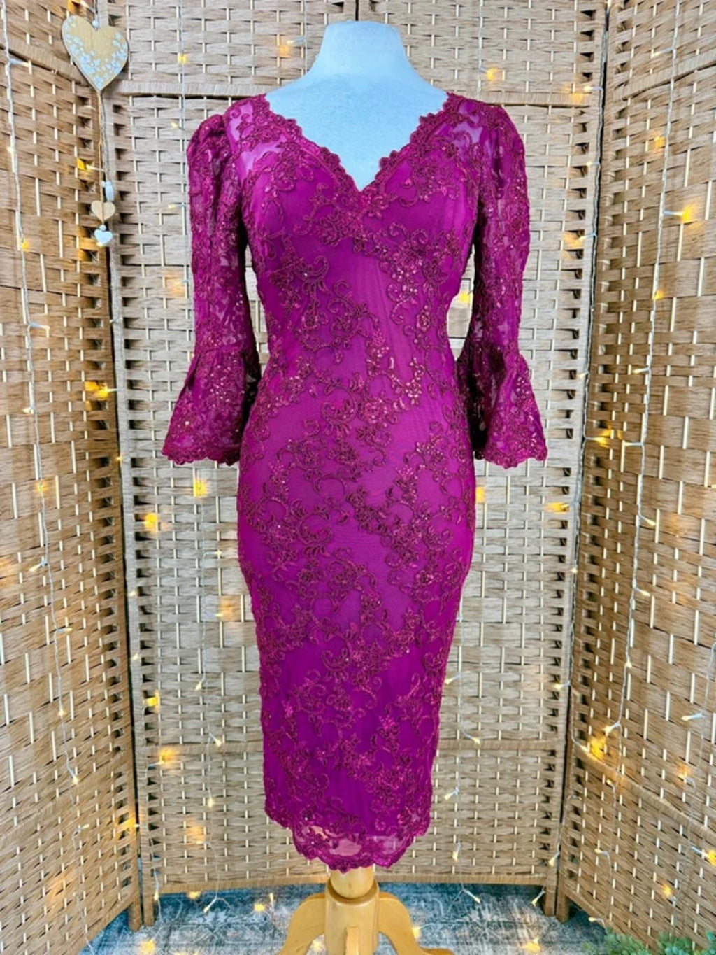 Goddiva Burgundy Lace Sequin Midi Dress UK 8 Wedding Guest