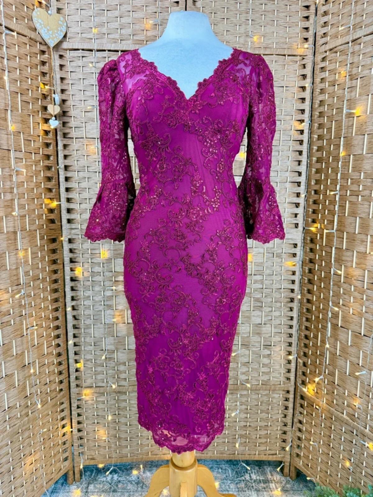 Goddiva Burgundy Lace Sequin Midi Dress UK 8 Wedding Guest