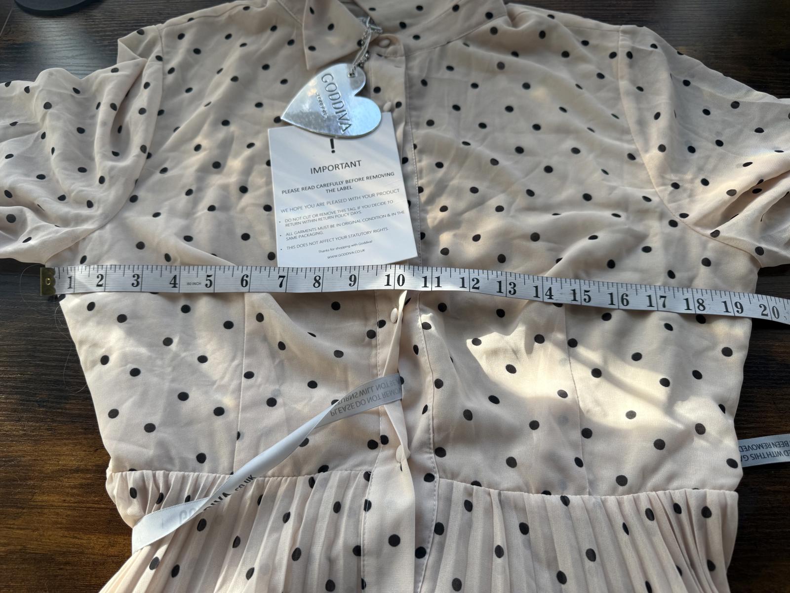 Goddiva Cream Beige Polka Dot Pleated Midi Shirt Dress UK 14 BNWT