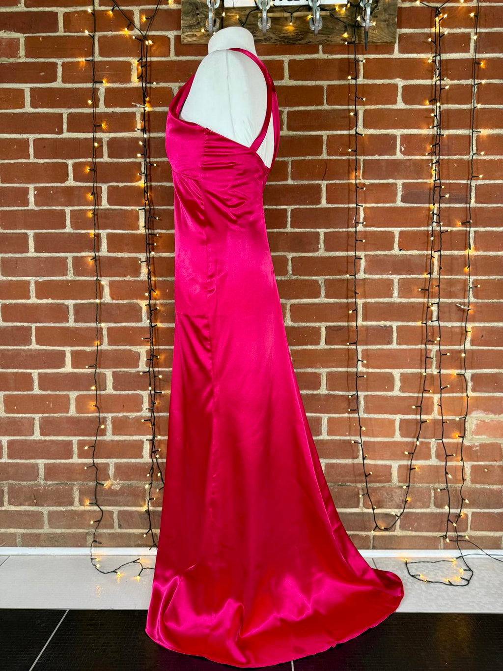 💗Vicky Pattison x Goddiva Hot Pink Satin Halter Maxi Dress UK 12 #105